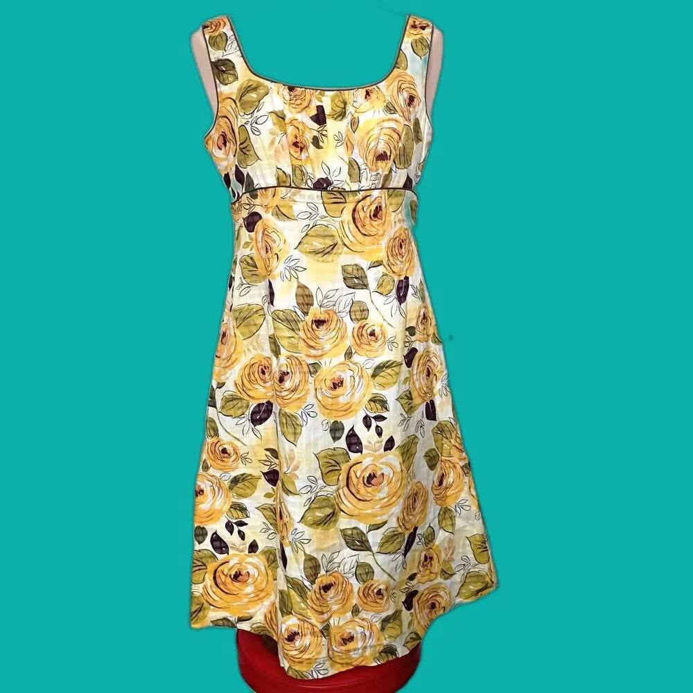 Cabi Yellow Rose Print A Line Sleeveless Dress Sz 4 Cotton Milkmaid Cottagecore